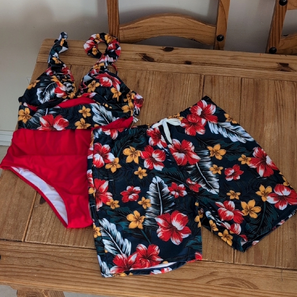 NWOT Matching Women's and Men's PatPat Red/Blue/Yellow Floral Swim Set, Both XL